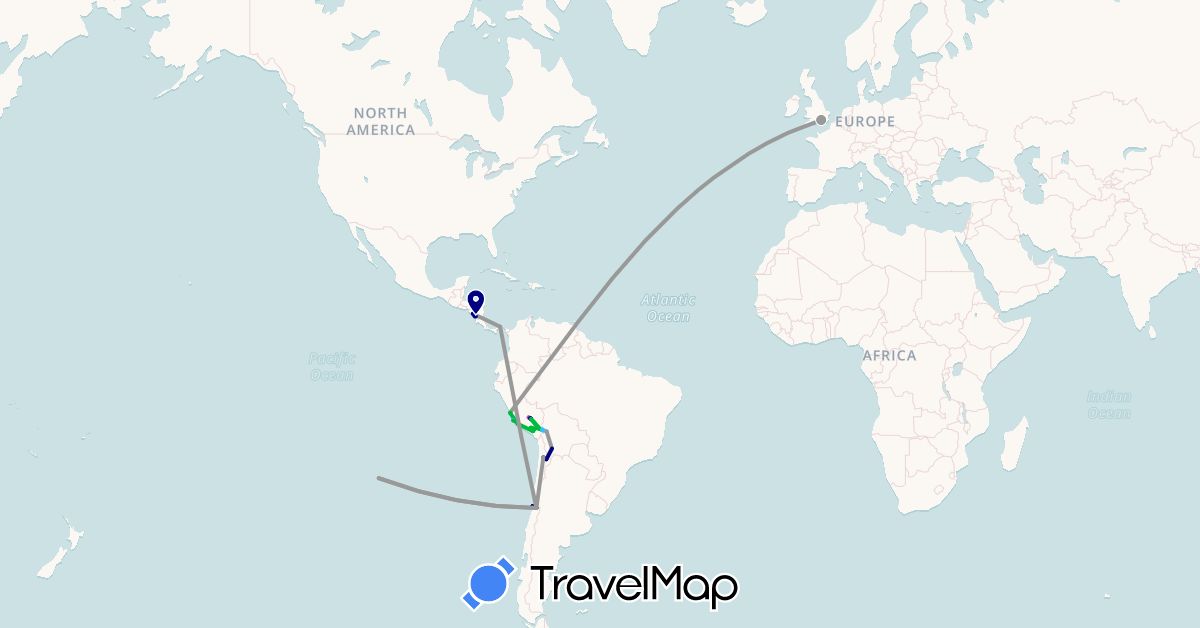 TravelMap itinerary: driving, bus, plane, train, boat in Bolivia, Chile, United Kingdom, Nicaragua, Panama, Peru (Europe, North America, South America)